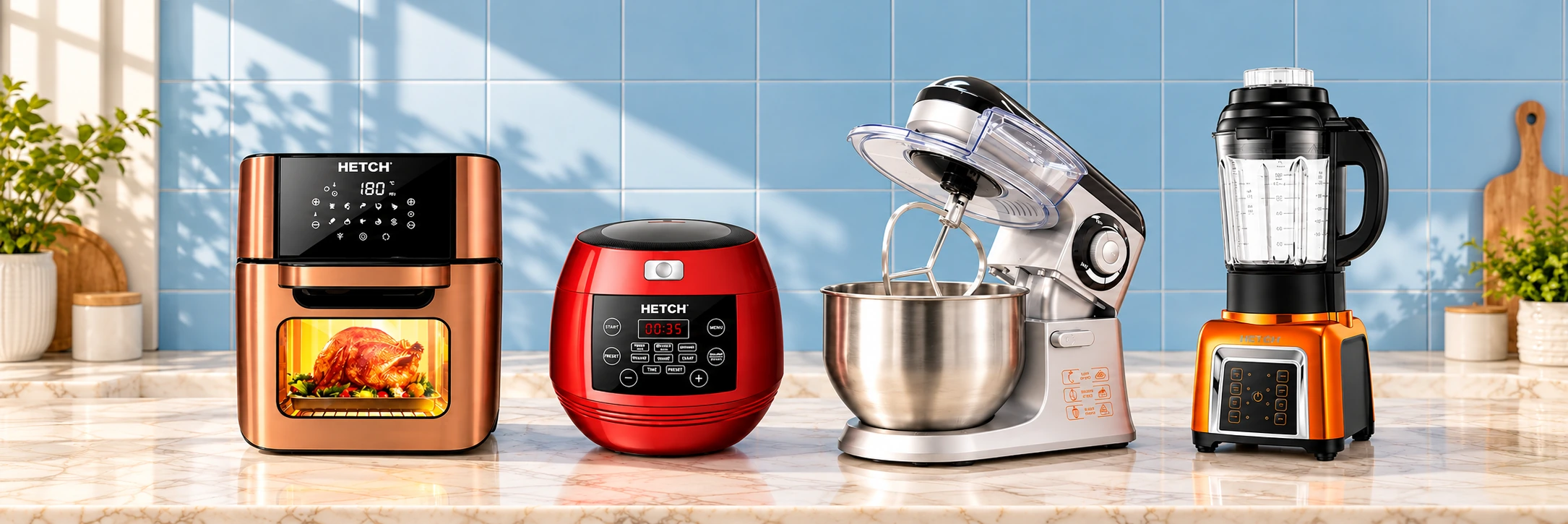 HETCH oven, rice cooker, stand mixer and blender in a sunlit blue kitchen