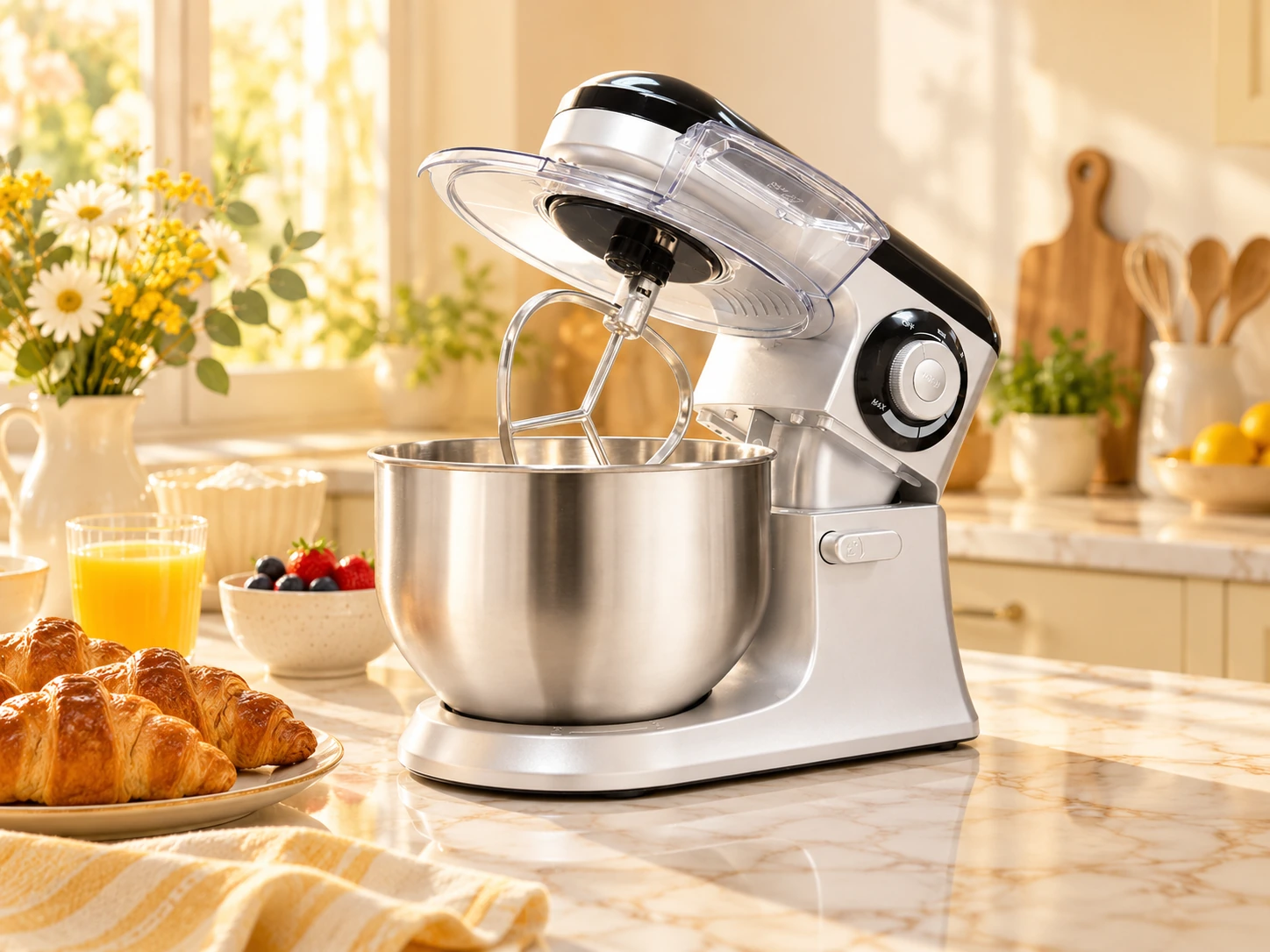 HETCH stand mixer and homemade bakes in a sunlit kitchen