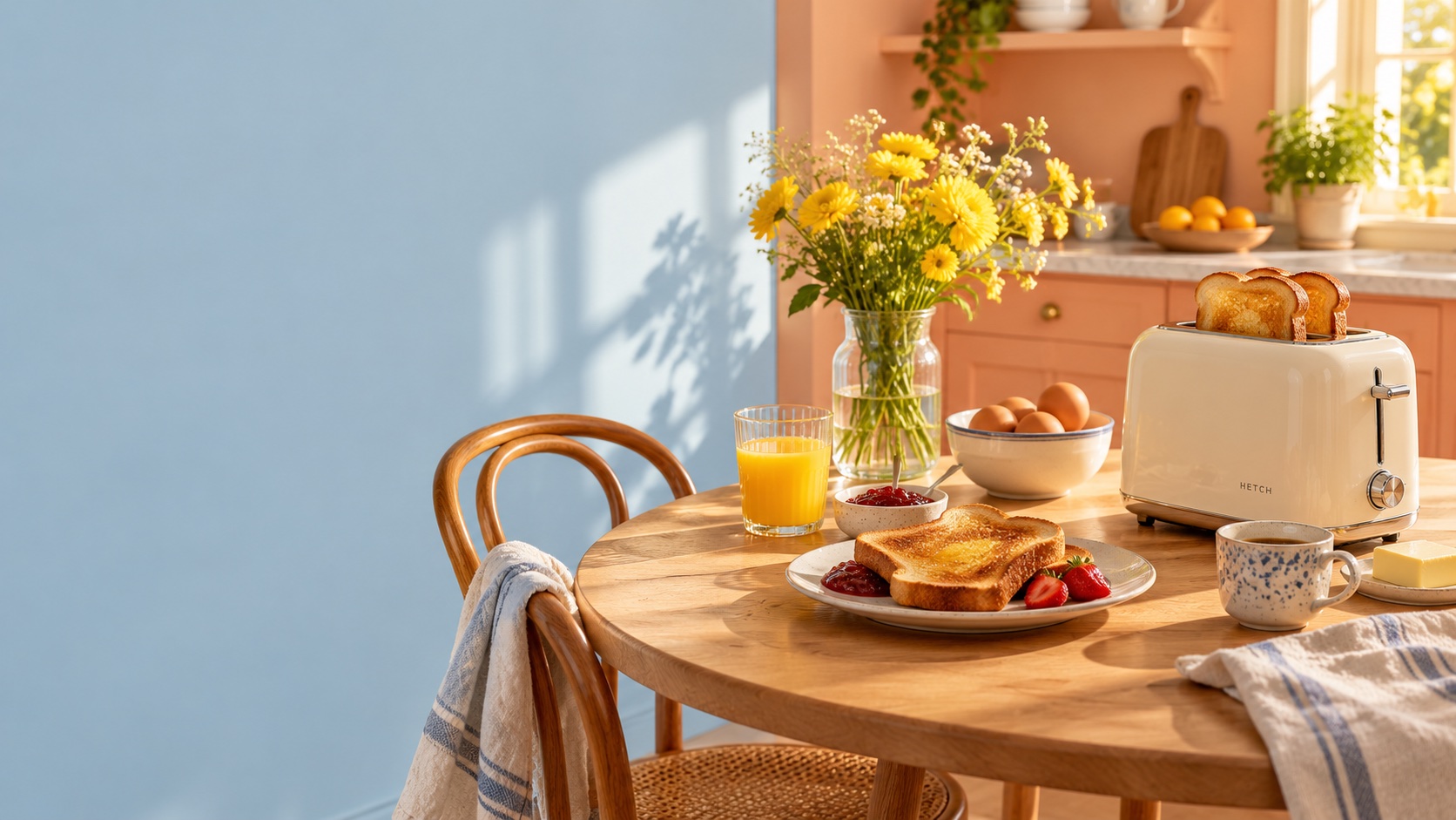 Sunny breakfast table with toast and orange juice